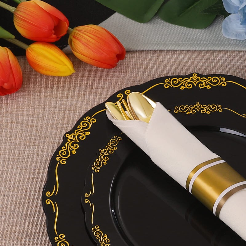U-QE 175PCS Black Plastic Plates&Pre Rolled Napkins with Gold Cutlery  Black and Gold Plastic Dinnerware Set for 25Dinner Plates  25Dessert Plates  25Cups  25Gold Silverware Sets  25Napkins for Party - Image 4