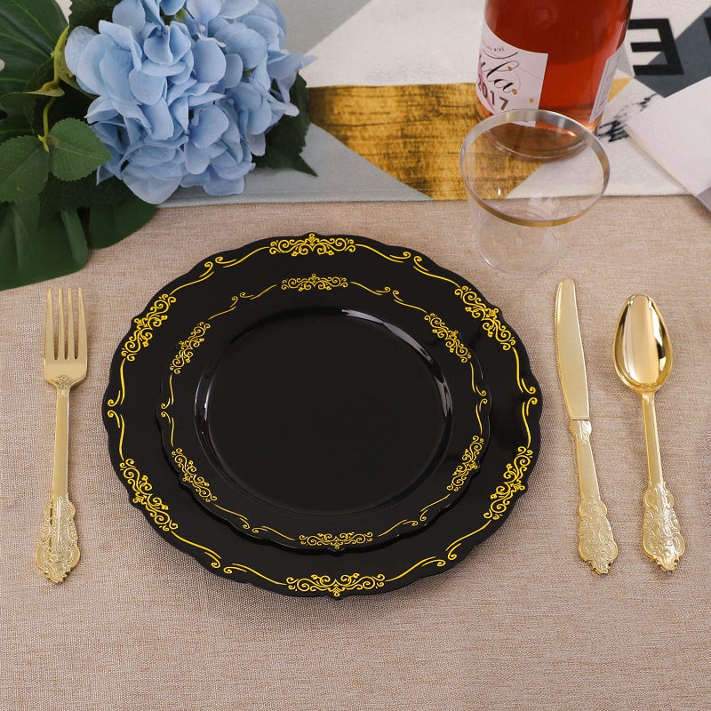 U-QE 175PCS Black Plastic Plates&Pre Rolled Napkins with Gold Cutlery  Black and Gold Plastic Dinnerware Set for 25Dinner Plates  25Dessert Plates  25Cups  25Gold Silverware Sets  25Napkins for Party - Image 5