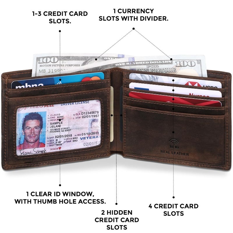 RUNBOX Genuine Leather Bifold Wallet for Men - RFID Blocking Slim Wallet with 9 Card Slots, 1 ID Window & Bill Compartment - Gift Box Packaging - Image 4