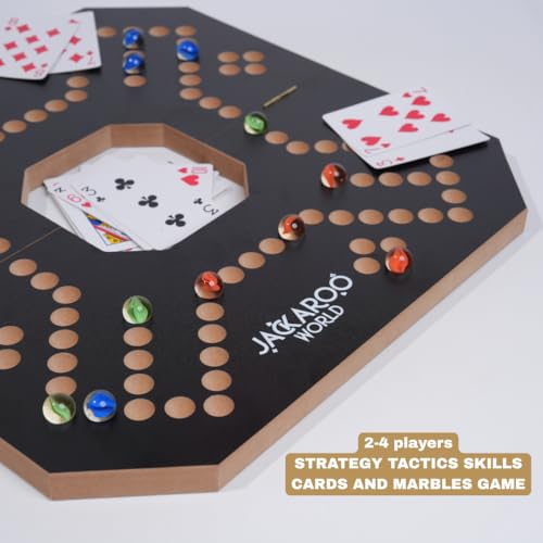 Jackaroo World لعبة جاكاروا اللوحية 24 لاعب بطاقات وكريات لعبة لوحية خشبية صلبة مع 16 كرة زجاجية و52 بطاقة لعبة استراتيجية كريات والمزاحين لعبة لوحية قابلة للطي مع حقيبة حمل سوداء - Image 5