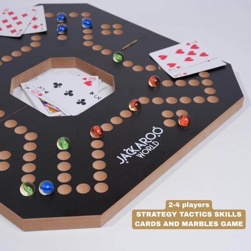 Jackaroo World لعبة جاكاروا اللوحية 24 لاعب بطاقات وكريات لعبة لوحية خشبية صلبة مع 16 كرة زجاجية و52 بطاقة لعبة استراتيجية كريات والمزاحين لعبة لوحية قابلة للطي مع حقيبة حمل سوداء - Image 3