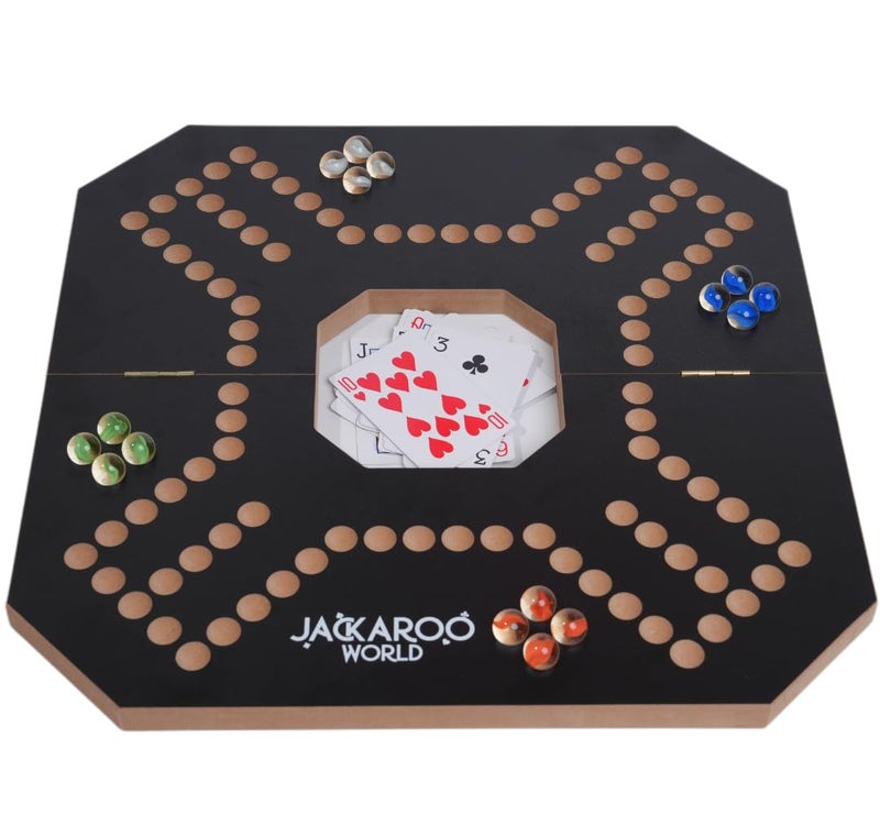 Jackaroo World لعبة جاكاروا اللوحية 24 لاعب بطاقات وكريات لعبة لوحية خشبية صلبة مع 16 كرة زجاجية و52 بطاقة لعبة استراتيجية كريات والمزاحين لعبة لوحية قابلة للطي مع حقيبة حمل سوداء - Image 2