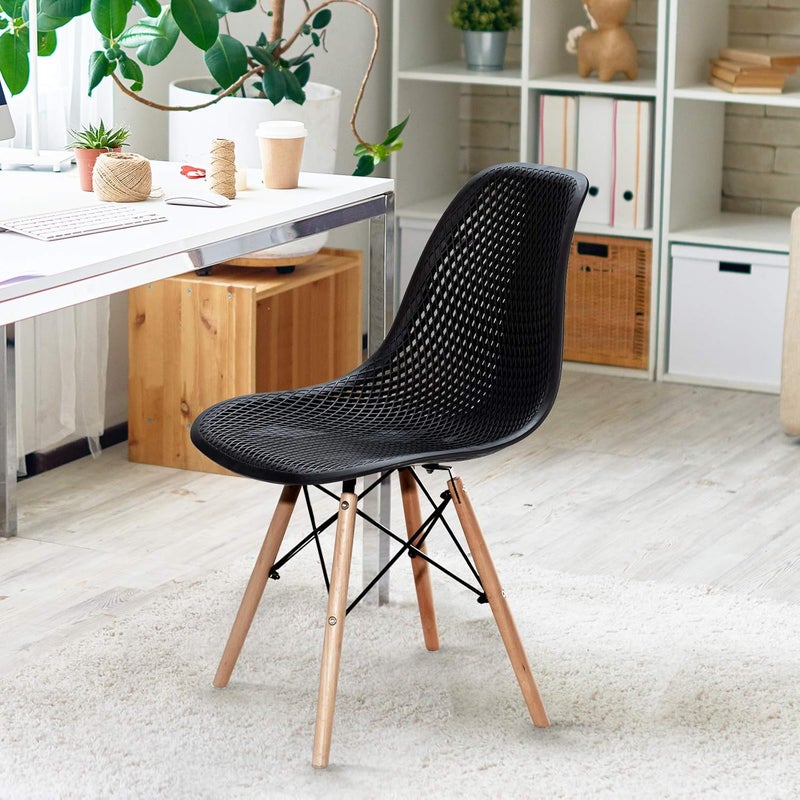 Giantex Set of 4 Modern Dining Chairs, Outdoor Indoor Shell PP Lounge Side Chairs with Mesh Design, Beech Wood Legs, Tulip Leisure Chairs, DSW Dining Chairs for Kitchen, Dining Room, Black - Image 2