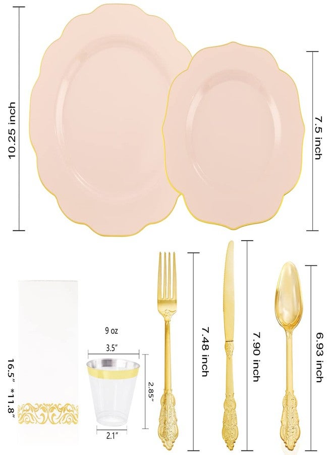 NOCCUR 175PCS Pink Plates with Gold Disposable Silverware - Include 50 Pink Plastic Plates,25 Knives,25 Forks,25 Spoons,25 Cups and 25 Napkins - Ideal for Wedding/Party - Image 3