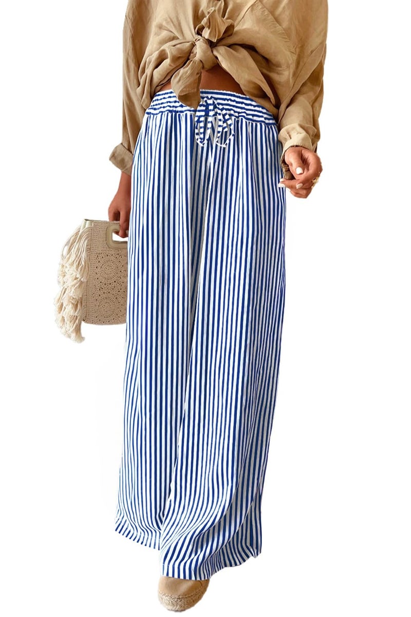 Acelitt Womens Casual Striped Wide Leg Pants Drawstring Elastic High Waisted 2026 Spring Fashion Beach Pants Trousers with Pockets Blue Medium - Image 1