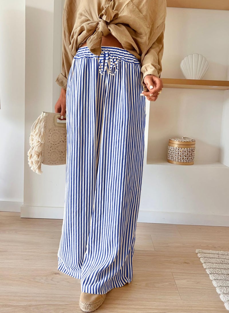 Acelitt Womens Casual Striped Wide Leg Pants Drawstring Elastic High Waisted 2026 Spring Fashion Beach Pants Trousers with Pockets Blue Medium - Image 2