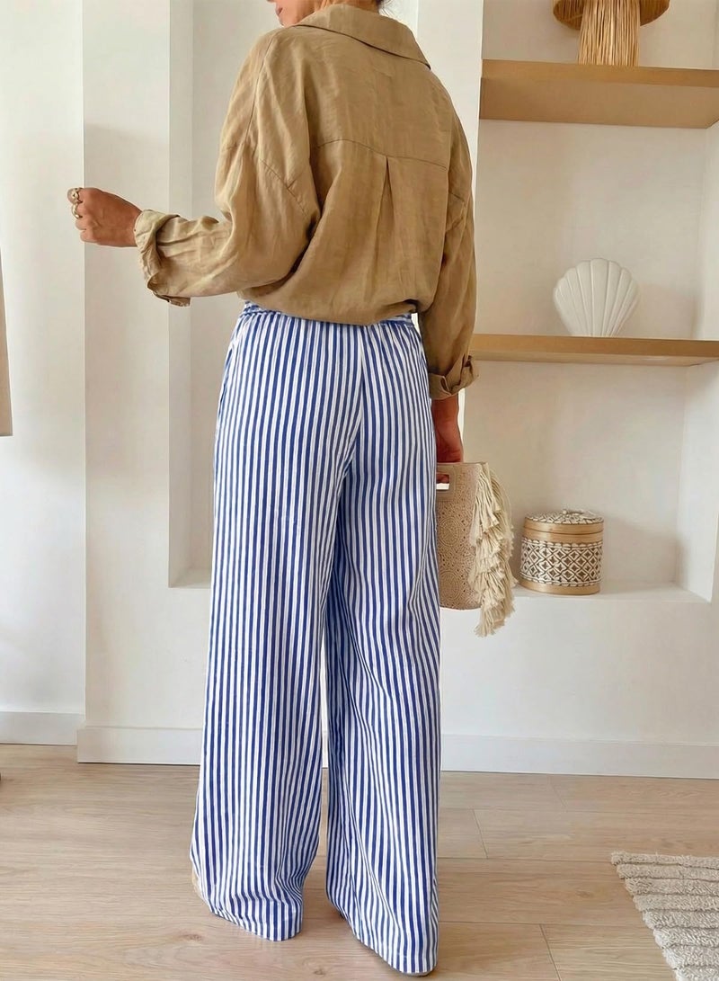 Acelitt Womens Casual Striped Wide Leg Pants Drawstring Elastic High Waisted 2026 Spring Fashion Beach Pants Trousers with Pockets Blue Medium - Image 4