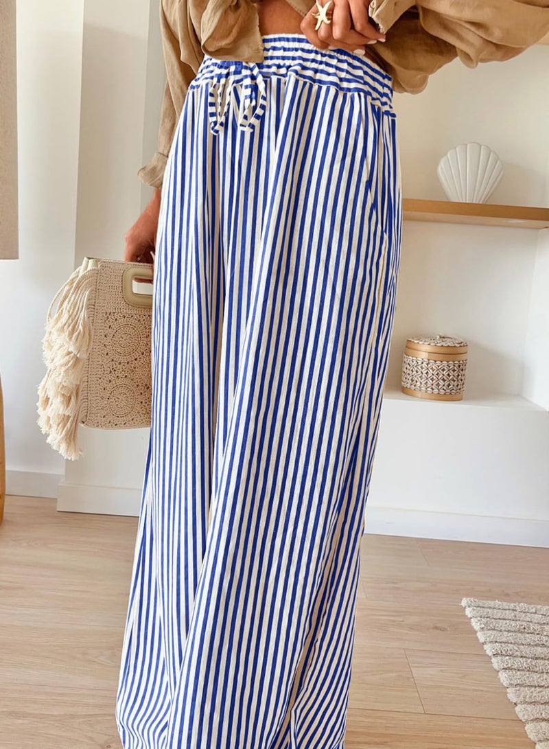 Acelitt Womens Casual Striped Wide Leg Pants Drawstring Elastic High Waisted 2026 Spring Fashion Beach Pants Trousers with Pockets Blue Medium - Image 3