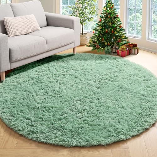 ONASAR Sage Green Round Area Rug 4ft, Fluffy Soft Bedroom Circle Rugs for Kids Girls Boys Teen Dorm Room, Cute Furry Plush Shaggy Carpet for Nursery Living Room Playroom Christmas Home Decor - Image 1