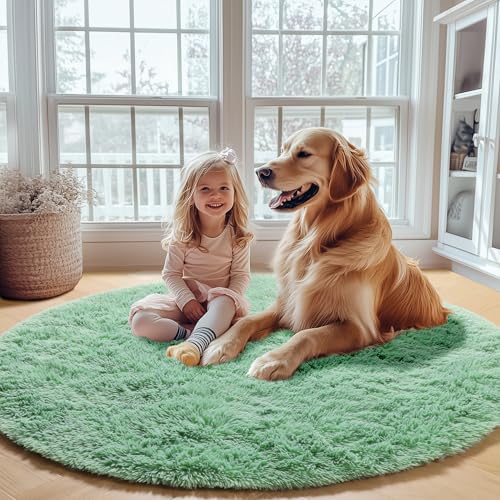 ONASAR Sage Green Round Area Rug 4ft, Fluffy Soft Bedroom Circle Rugs for Kids Girls Boys Teen Dorm Room, Cute Furry Plush Shaggy Carpet for Nursery Living Room Playroom Christmas Home Decor - Image 5