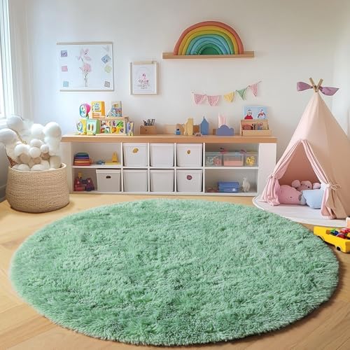 ONASAR Sage Green Round Area Rug 4ft, Fluffy Soft Bedroom Circle Rugs for Kids Girls Boys Teen Dorm Room, Cute Furry Plush Shaggy Carpet for Nursery Living Room Playroom Christmas Home Decor - Image 4