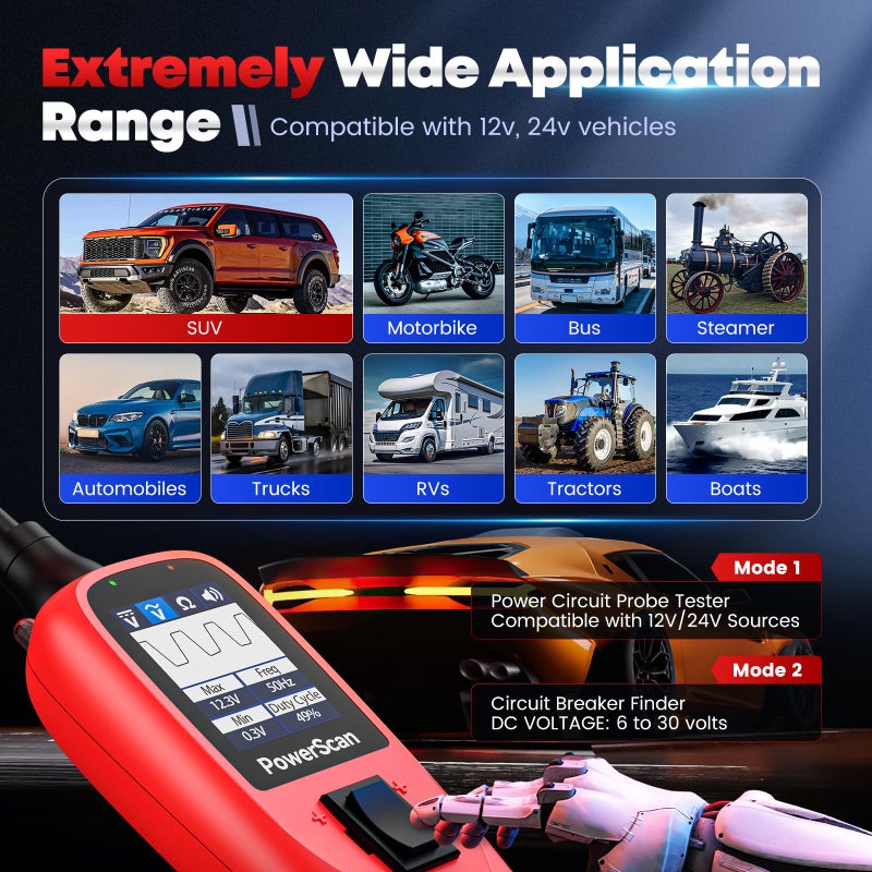 Autel PowerScan Automotive Circuit Tester, Power Circuit Probe Tool, 12-24V Electrical Short Open Breaker Circuit Finder, AC/DC Current Resistance, Duty Cycle, & 20FT Extension Cord, for 99% Cars - Image 5