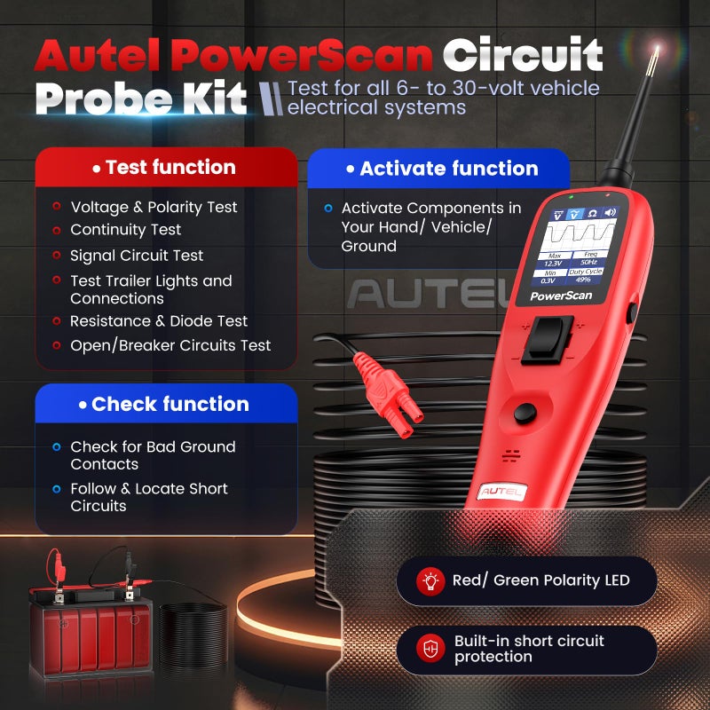 Autel PowerScan Automotive Circuit Tester, Power Circuit Probe Tool, 12-24V Electrical Short Open Breaker Circuit Finder, AC/DC Current Resistance, Duty Cycle, & 20FT Extension Cord, for 99% Cars - Image 2