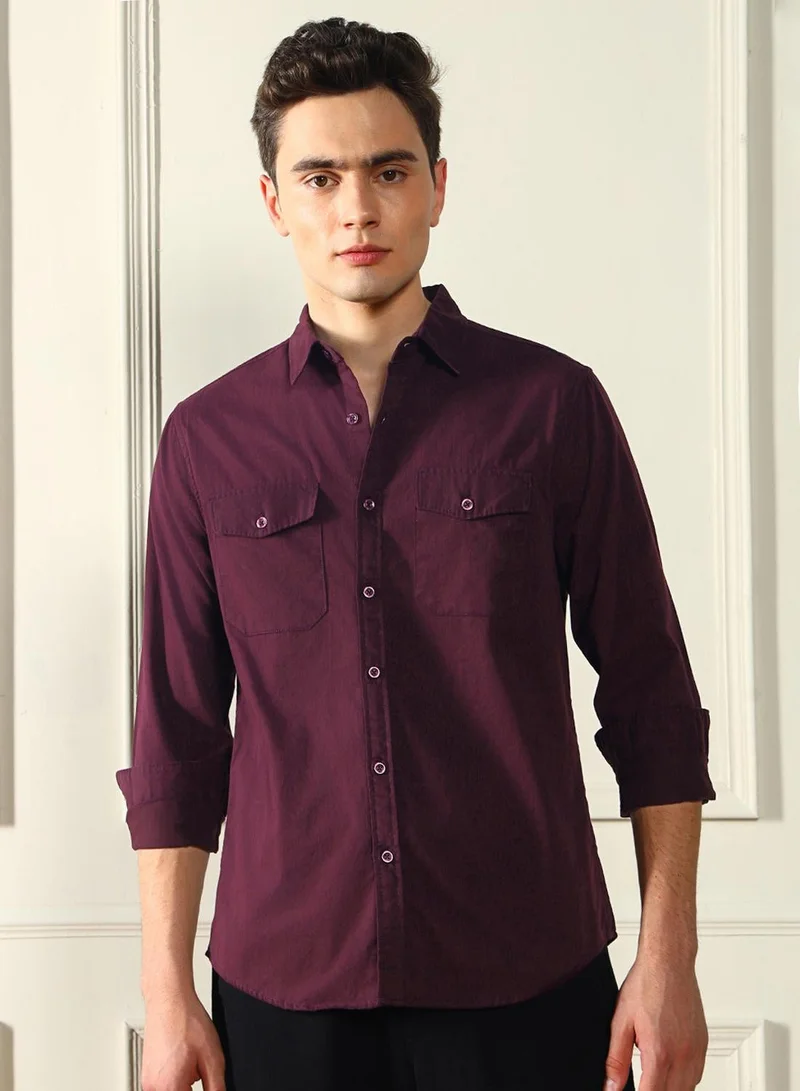 Dennis Lingo Men'S Wine Cotton Blend Solid Pattern Regular FiT-Shirt