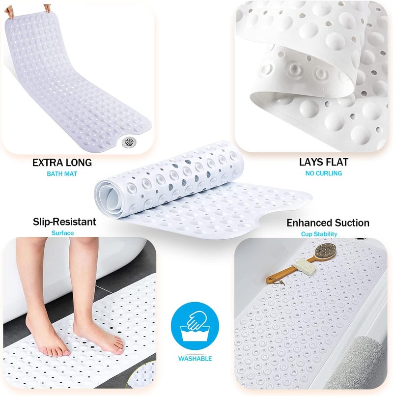 GVTECH Non-Slip Bath Mat with Suction Cups, 100x40cm/40x16in Extra Long Bathtub Mats | Anti-Mould, Machine-Washable, Latex-Free | Shower Mat Ideal for Elderly & Children (White) - Image 3
