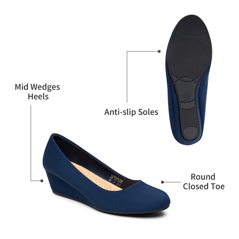 Trary Navy Blue Women's Wedges Heels for Women Pumps Round Toe Mid Heels Comfortable Closed Toe Dressy Shoes Women Pumps Wedge Dress Shoes for Wedding Work Office Party 1.8 Inches - Image 5