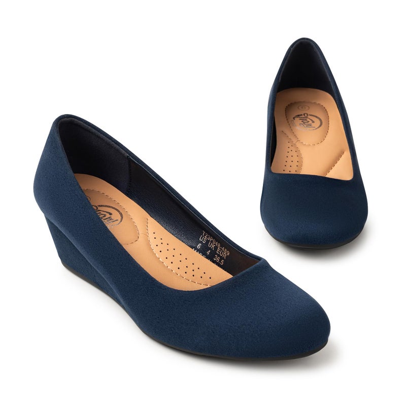 Trary Navy Blue Women's Wedges Heels for Women Pumps Round Toe Mid Heels Comfortable Closed Toe Dressy Shoes Women Pumps Wedge Dress Shoes for Wedding Work Office Party 1.8 Inches - Image 2