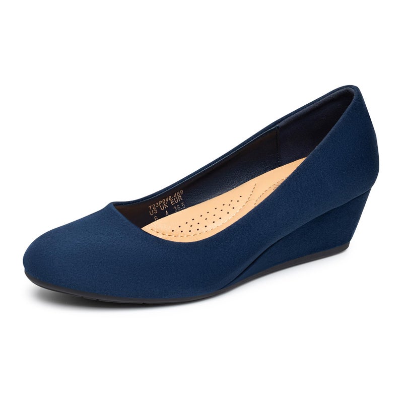 Trary Navy Blue Women's Wedges Heels for Women Pumps Round Toe Mid Heels Comfortable Closed Toe Dressy Shoes Women Pumps Wedge Dress Shoes for Wedding Work Office Party 1.8 Inches - Image 1
