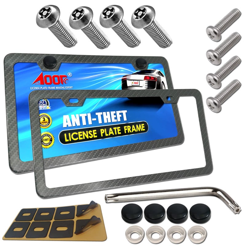 Aootf Carbon Fiber License Plate Frames Anti Theft Black Aluminum Printed Carbon Patterns for Front Rear Car Tag Holder with Stainless Steel Mount Hardware Kit Locking Security Screws Bolts Caps