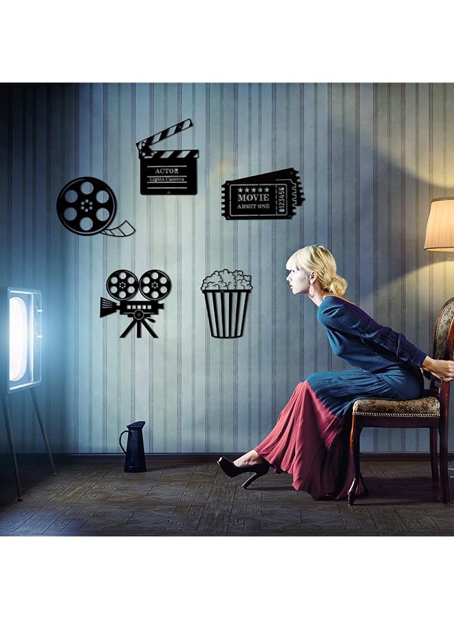 erorex 5 Pieces Movie Theater Decor Home Movie Theater Room Decor Cinema And Popcorn Wall Art Metal Movie Reel Wall Sign Home Theater Action Sign Cinema Movie Film Wall Decoration For Home Party Decor - Image 4