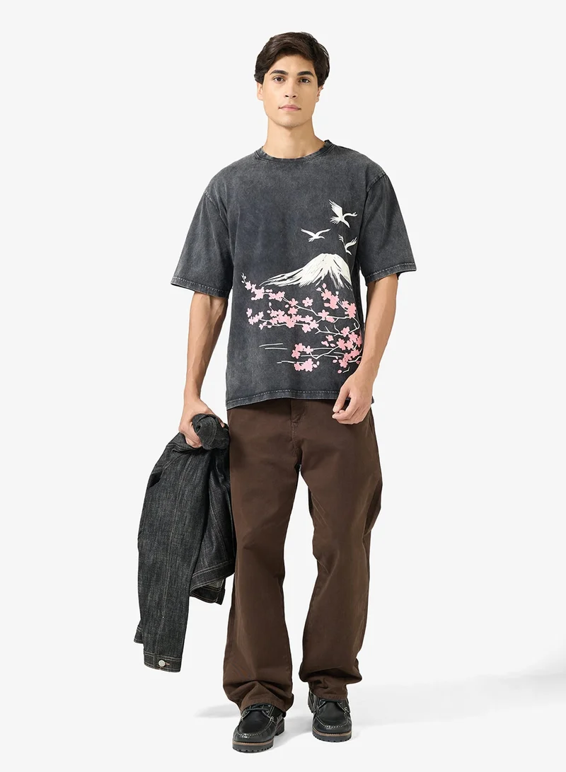 Seventy Five  Acid Wash Graphic Print Oversized T-Shirt for Men | Best Price UAE