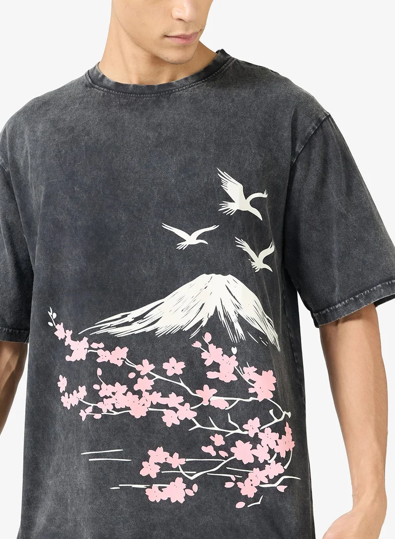 Seventy Five  Acid Wash Graphic Print Oversized T-Shirt for Men | Best Price UAE