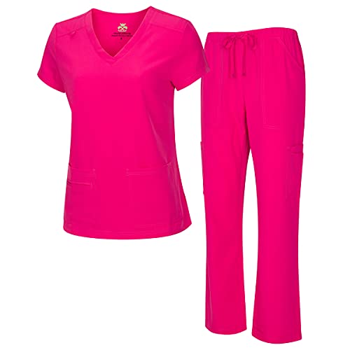 Natural Uniforms Women's Cool Stretch V-Neck Top and Cargo Pant Set (Hot Pink, Large) - Image 1