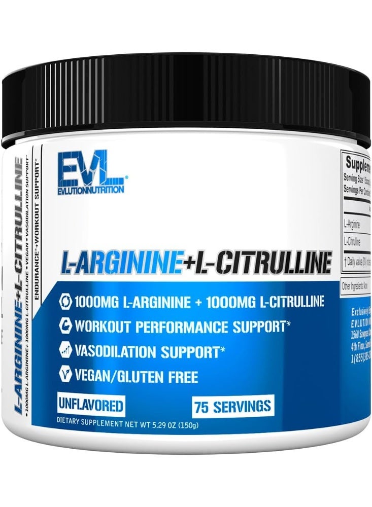 Evlution Nutrition L-Arginine + L-Citrulline - Endurance + Workout Performance Supplement - 2000mg Complex - Vasodilation + Nitric Oxide Support - Vegan + Gluten Free Powder - 75 Servings