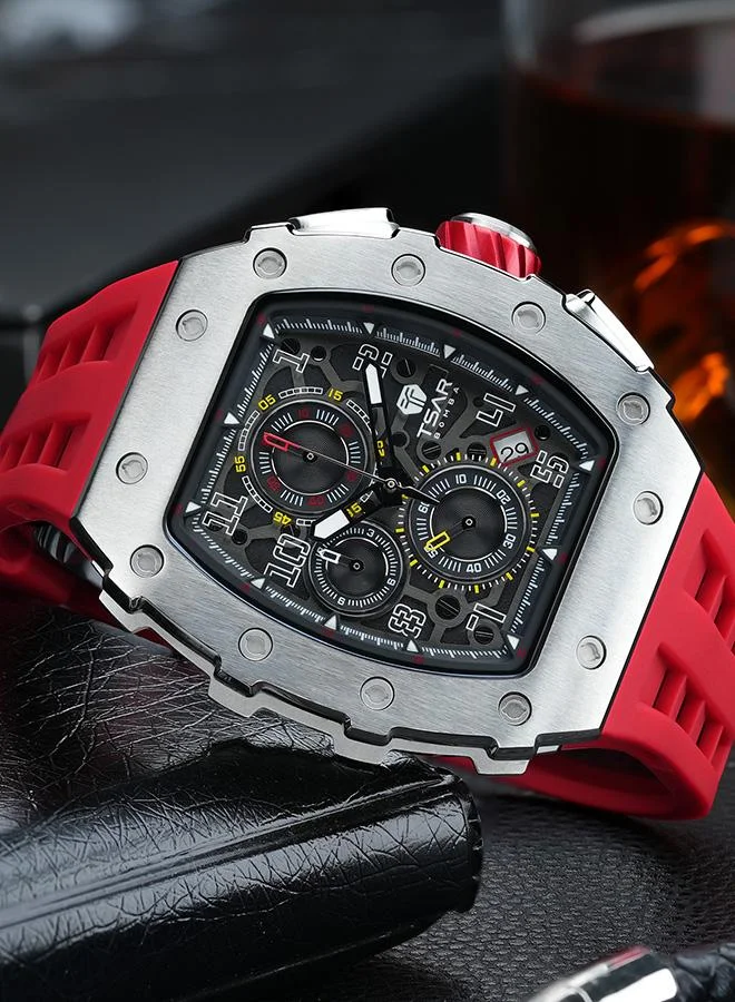 TSAR BOMBA Elemental Series 43mm Chronograph Men's Watch with Red Silicone Strap