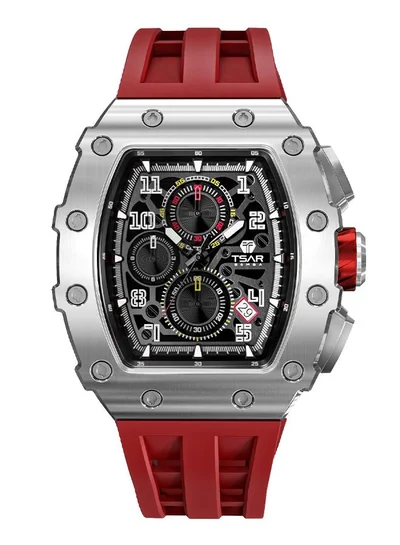 TSAR BOMBA Elemental Series 43mm Chronograph Men's Watch with Red Silicone Strap