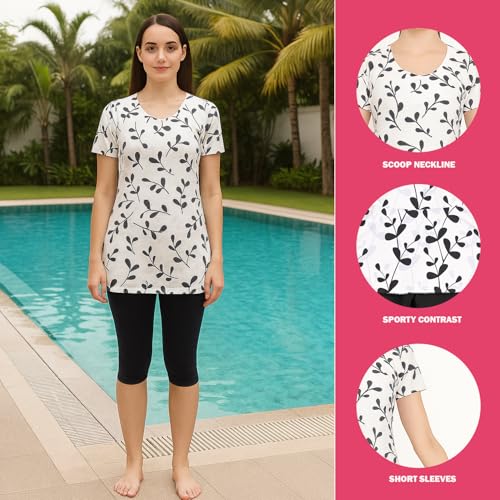 Hacer Frock Style Swimwear with Ethnic Printed Padde Half Sleeve Bodysuit Swimming Costume Knee Length Two Piece Swimsuit for Pool Beach Women (M, 34, Off-White-Black) - Image 4