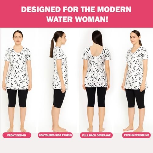Hacer Frock Style Swimwear with Ethnic Printed Padde Half Sleeve Bodysuit Swimming Costume Knee Length Two Piece Swimsuit for Pool Beach Women (M, 34, Off-White-Black) - Image 3