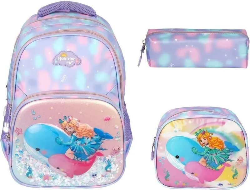 ريلاكسن Girl's Embossed Figured and Sequined 3-Piece Set Primary School Backpack with Nutrition and Pen Holder RLX1370