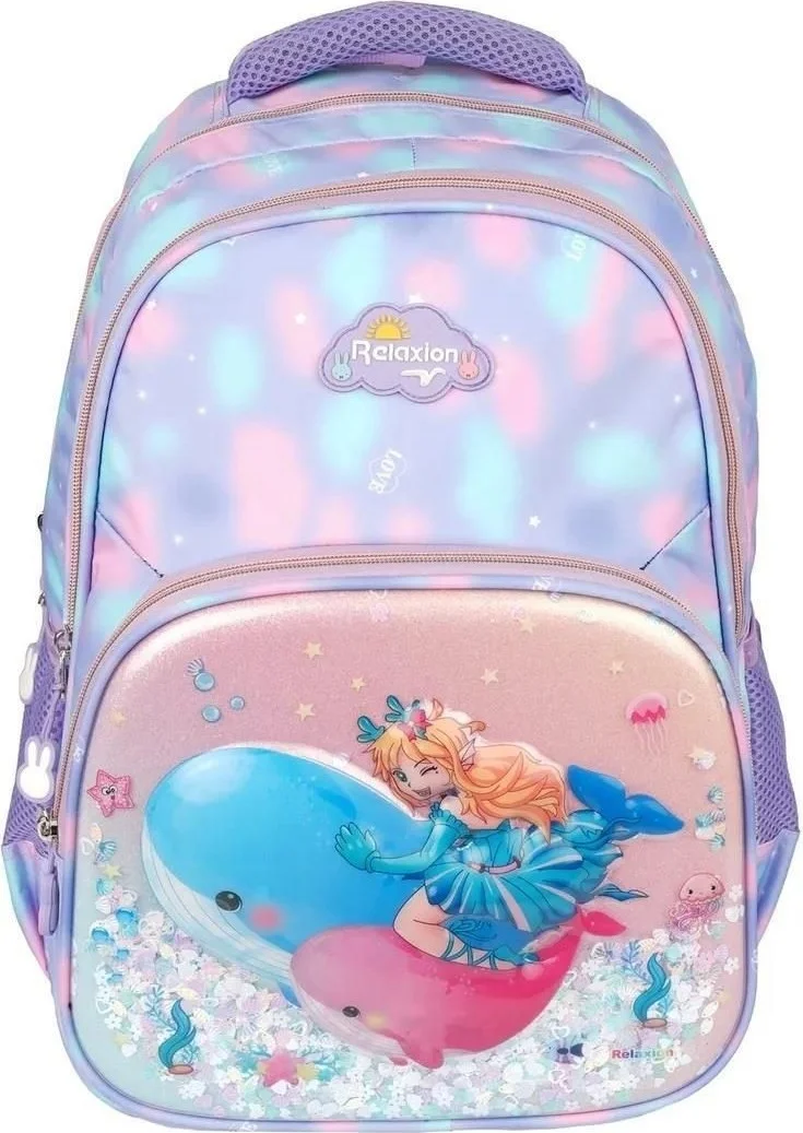 ريلاكسن Girl's Embossed Figured and Sequined 3-Piece Set Primary School Backpack with Nutrition and Pen Holder RLX1370