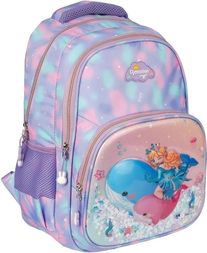 ريلاكسن Girl's Embossed Figured and Sequined 3-Piece Set Primary School Backpack with Nutrition and Pen Holder RLX1370