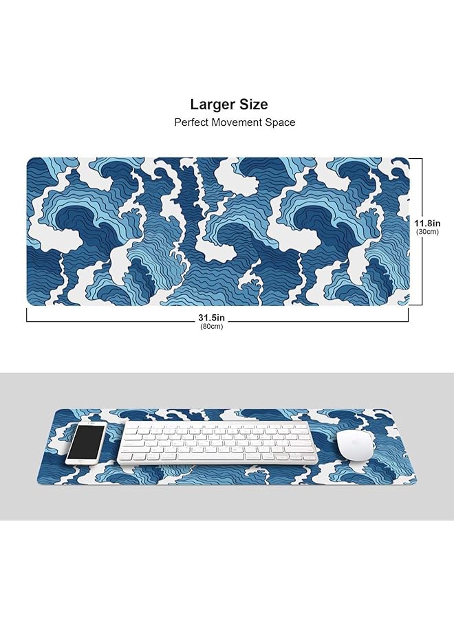 إيروريكس وسادة ماوس يابانية زرقاء وبيضاء كبيرة جدًا وطويلة جدًا ووسادة ماوس ممتدة كبيرة جدًا وقاعدة مطاطية غير قابلة للانزلاق وحواف مخيطة ووسادة ماوس 31.5 × 11.8 بوصة - Image 2