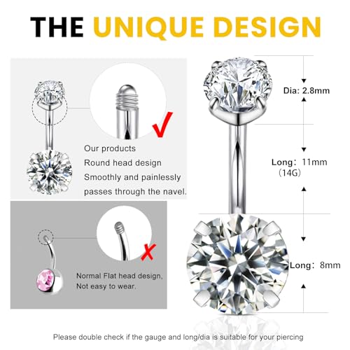 Wssxc 14G Hypoallergenic Surgical Steel Belly Button Ring Cubic Zirconia Belly Button Barbs Body Piercing Set 7Pcs - Image 2