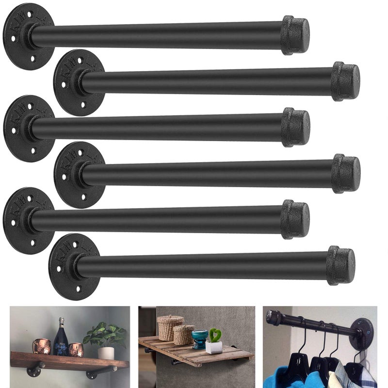 Aconnet 6 Pack Industrial Pipe Shelf Brackets 12 Inches Iron Pipe Floating Shelf Bracket 12 Inch Black Heavy Duty Wrought Metal Shelfs Bracket Wall Shelves Brackets for Garment Rack Vintage Furniture
