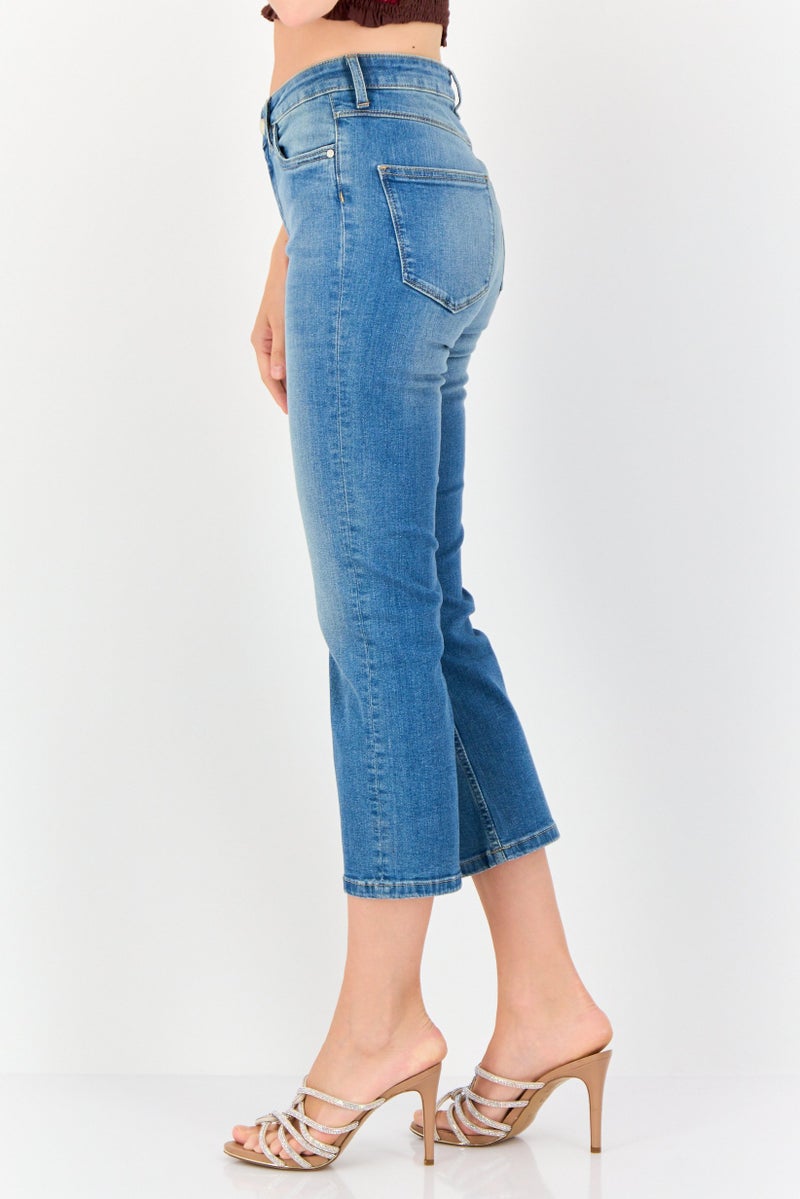 ONLY Women Flare Fit Mid Waist Washed Stretchable Cropped Denim Jeans, Blue  - Image 2