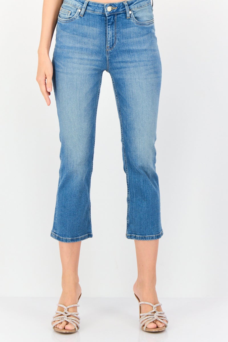 ONLY Women Flare Fit Mid Waist Washed Stretchable Cropped Denim Jeans, Blue  - Image 1