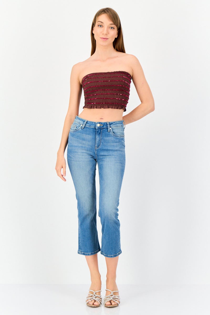 ONLY Women Flare Fit Mid Waist Washed Stretchable Cropped Denim Jeans, Blue  - Image 4