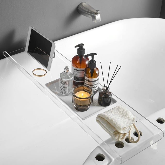 CLEAR BATHTUB TRAY CADDY BATH TUB RACK SHELF LUXURY BATHROOM ORGANIZER TABLET HOLDER ACRYLIC