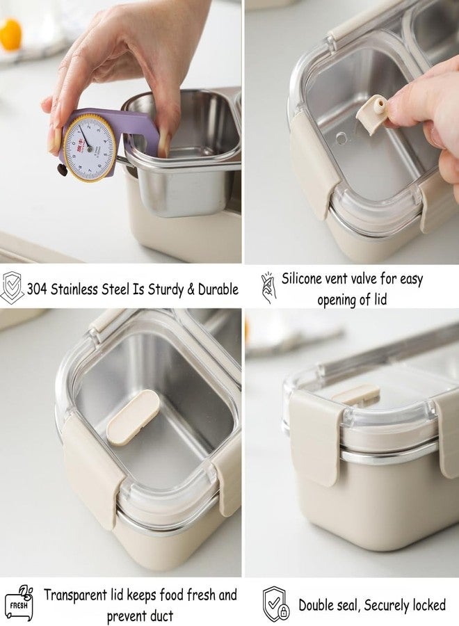 aDai 304 Stainless Steel Lunch Box 700ml with 3 Compartments | Leakproof Bento Box | Microwave Safe (Without Lid), BPA-Free, Lunch Container for Office & School - Beige - Image 4