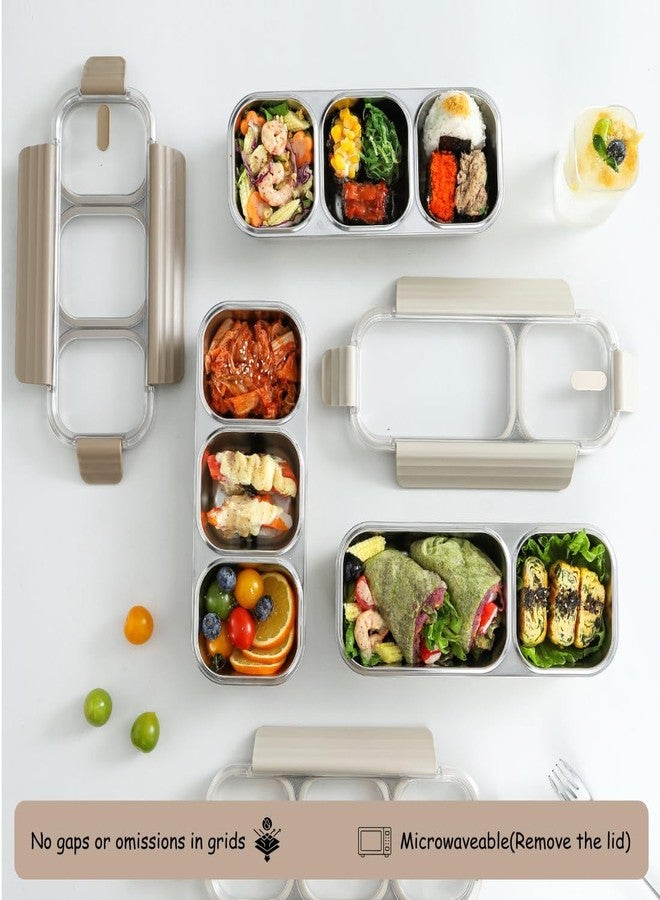 aDai 304 Stainless Steel Lunch Box 700ml with 3 Compartments | Leakproof Bento Box | Microwave Safe (Without Lid), BPA-Free, Lunch Container for Office & School - Beige - Image 3