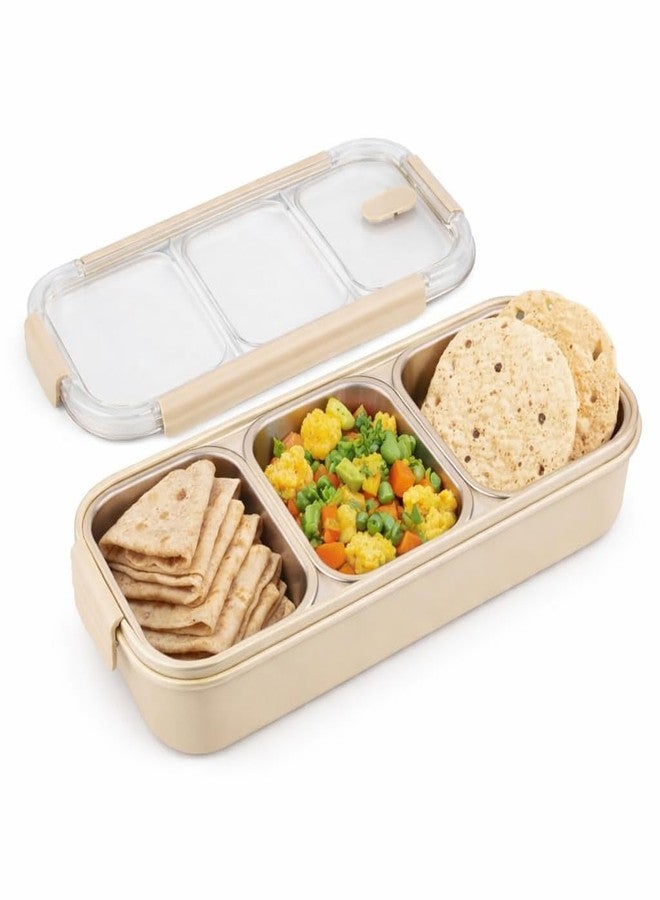 aDai 304 Stainless Steel Lunch Box 700ml with 3 Compartments | Leakproof Bento Box | Microwave Safe (Without Lid), BPA-Free, Lunch Container for Office & School - Beige - Image 1