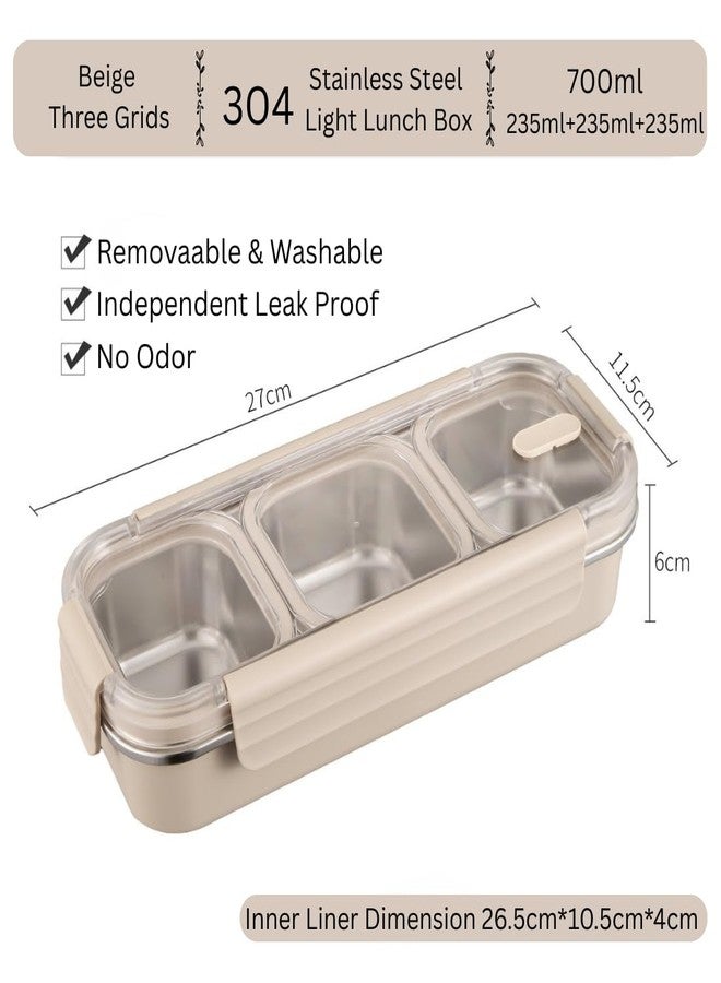 aDai 304 Stainless Steel Lunch Box 700ml with 3 Compartments | Leakproof Bento Box | Microwave Safe (Without Lid), BPA-Free, Lunch Container for Office & School - Beige - Image 2