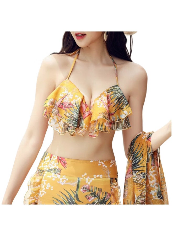 DK Women'S Swimsuit Bikini Three-Piece Set, Push-Up For Large And Small Chest, Conservative, Tummy Control, Slimming Swimwear, Yellow, L - Image 3