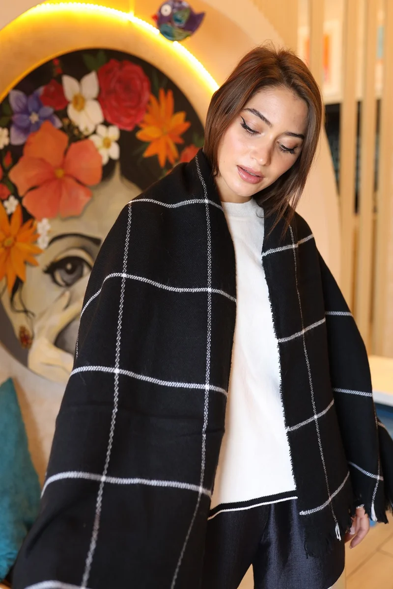 ريمسا مايو Square Patterned Scarf Shoulder Shawl 70X180 cm 1210 Black