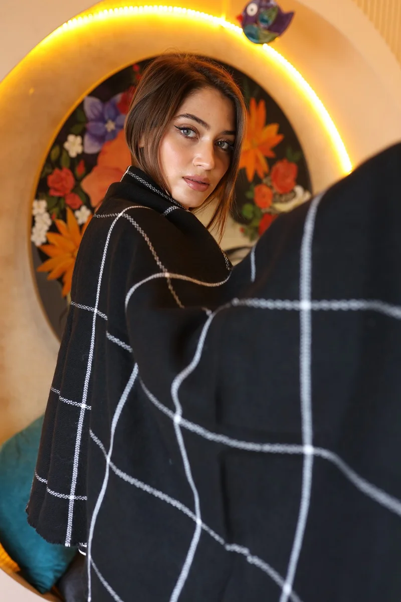 ريمسا مايو Square Patterned Scarf Shoulder Shawl 70X180 cm 1210 Black
