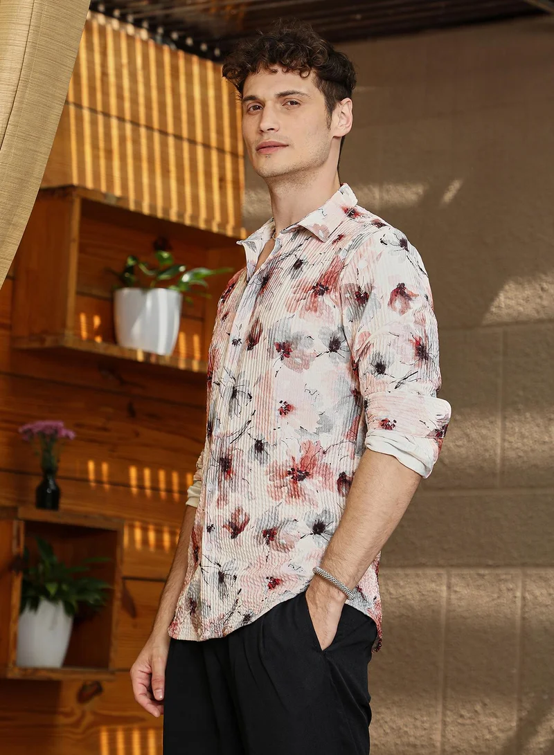 CAHOOT  Men's Off-White & Terracotta Brown Stained-Flora Shirt for Men | Best Price UAE